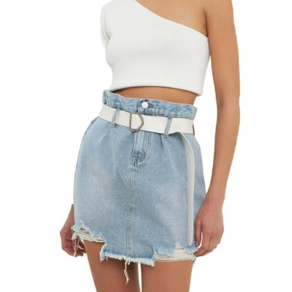 GREY LAB LOS ANGELES High Rise Denim Skirt Light Wash 90s Style Distressed Sz L - Picture 3 of 10